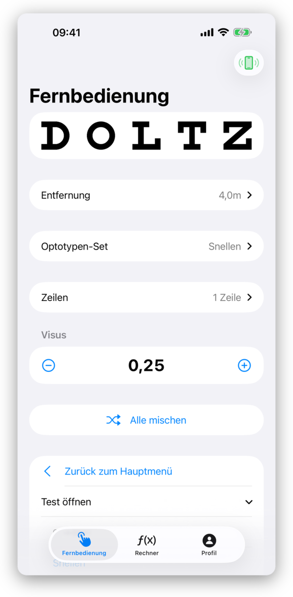 Bedienfeld der Fernbedienung auf dem iPhone mit Visus, Entfernung und Sehzeichen-Set