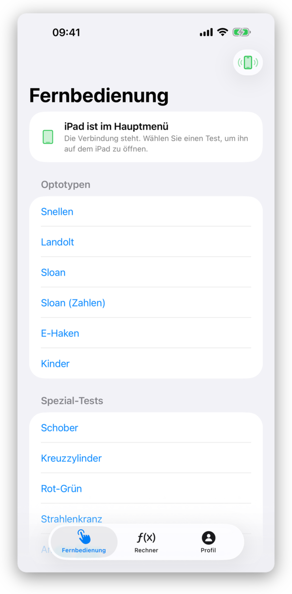 Testauswahl auf dem iPhone mit den Abschnitten Optotypen und Spezial-Tests