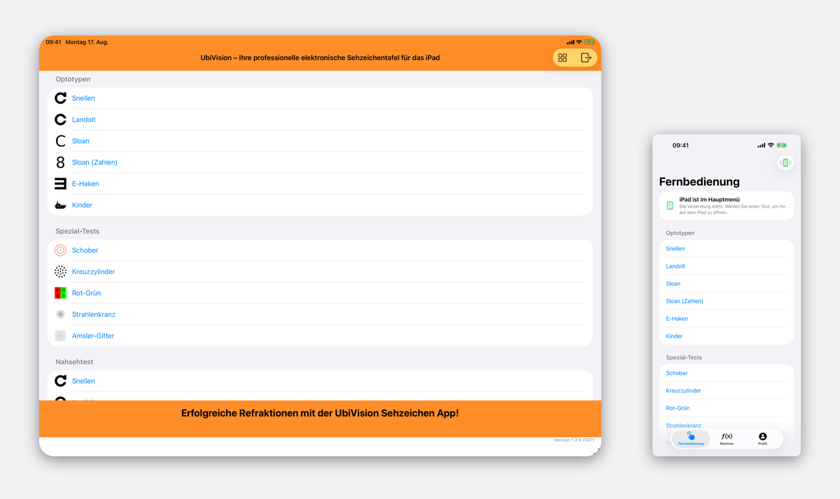 iPad mit dem UbiVision-Hauptmenü und iPhone mit der Testauswahl der Fernbedienung nebeneinander