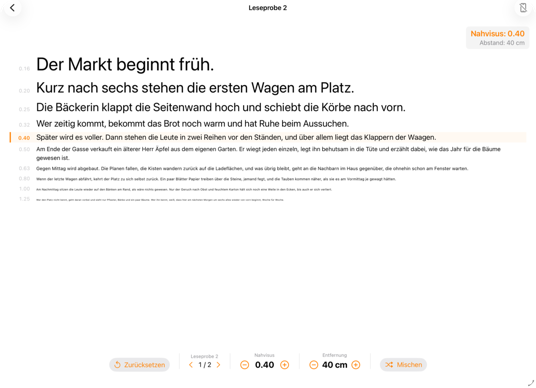 Leseprobe 2 auf dem iPad: fortlaufender Text, jede Zeile kleiner als die vorige, die Zeile für Nahvisus 0,40 ist markiert